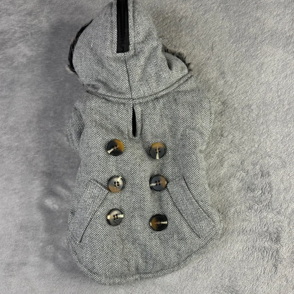 Herringbone Dog Coat Unisex‎ Small Grey Faux Fur Hooded Fleece Lined